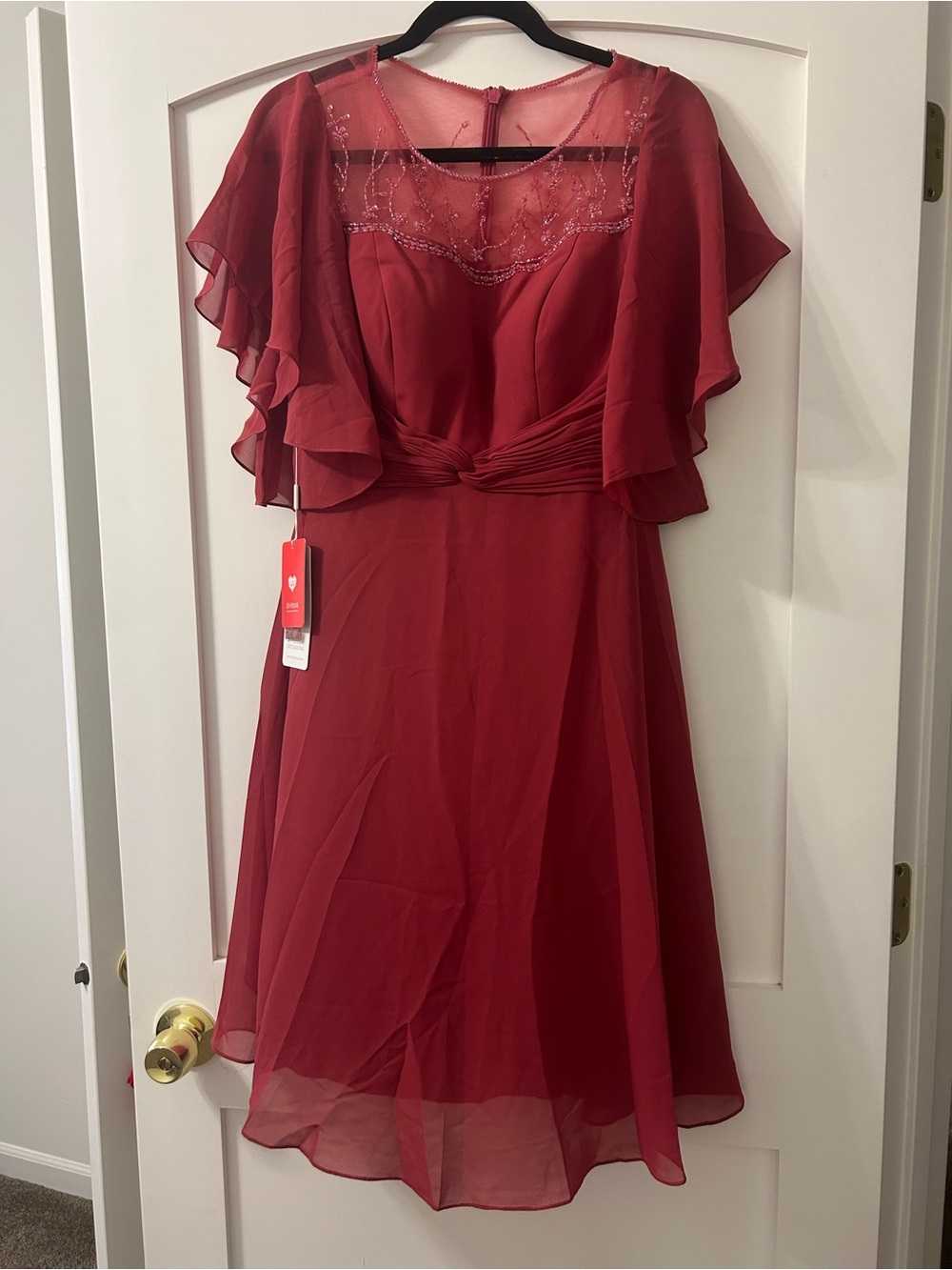 JJs House Cinnamon Rose Midi Chiffon Dress with Embellished Illusion Yoke